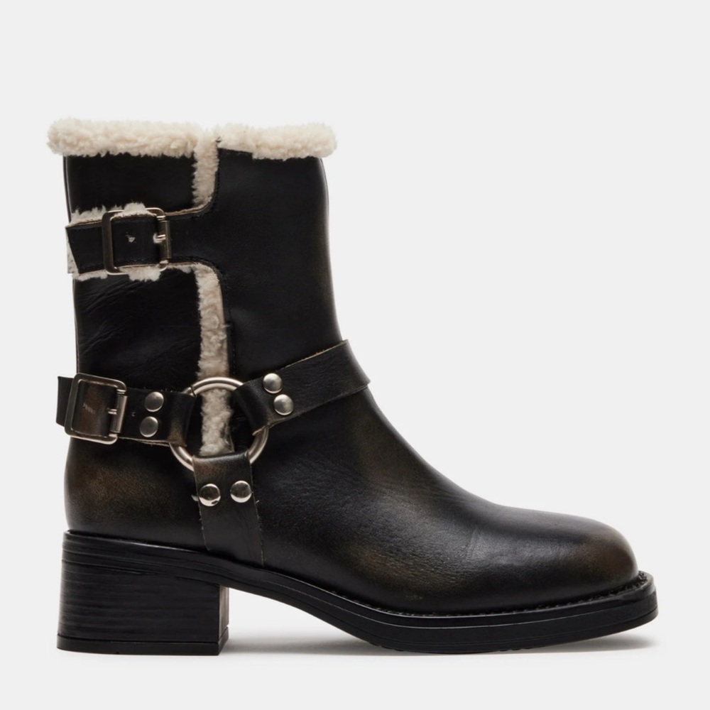 Steve Madden Black Leather Ankle Boots with Shearling Trim